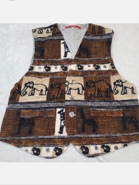 Signum Brown Tan Animal Print Y2K Retro Preppy Rustic Corduroy Button Vest Men M